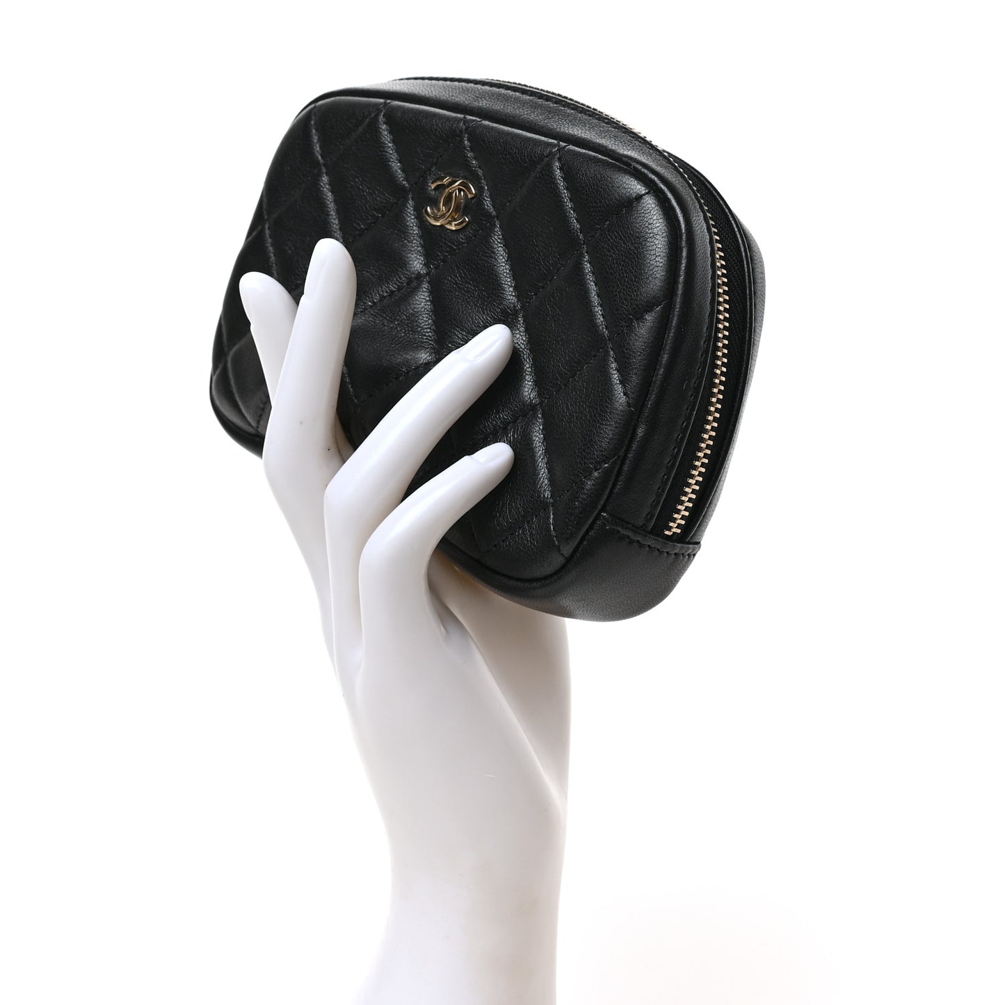 Lambskin Quilted Small Curvy Pouch Cosmetic Case Black