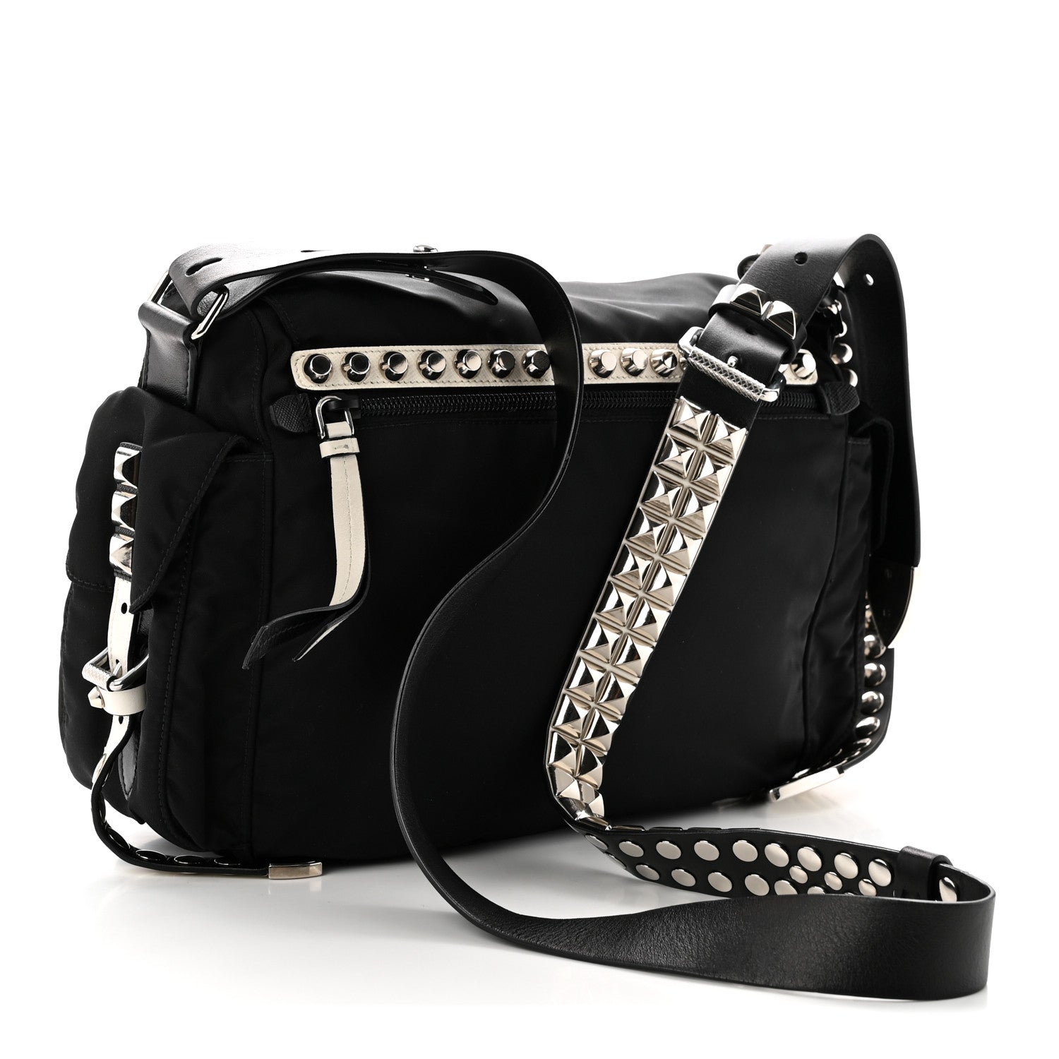 Prada Nylon New Vela Studded Messenger Black White 3 of 10