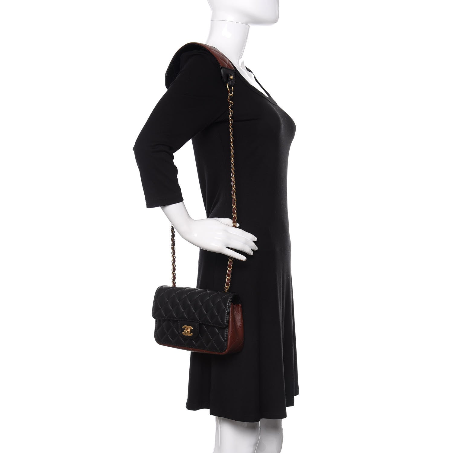 Chanel Calfskin Quilted Small Strap Into Flap Bag Black Brown 2 of 11