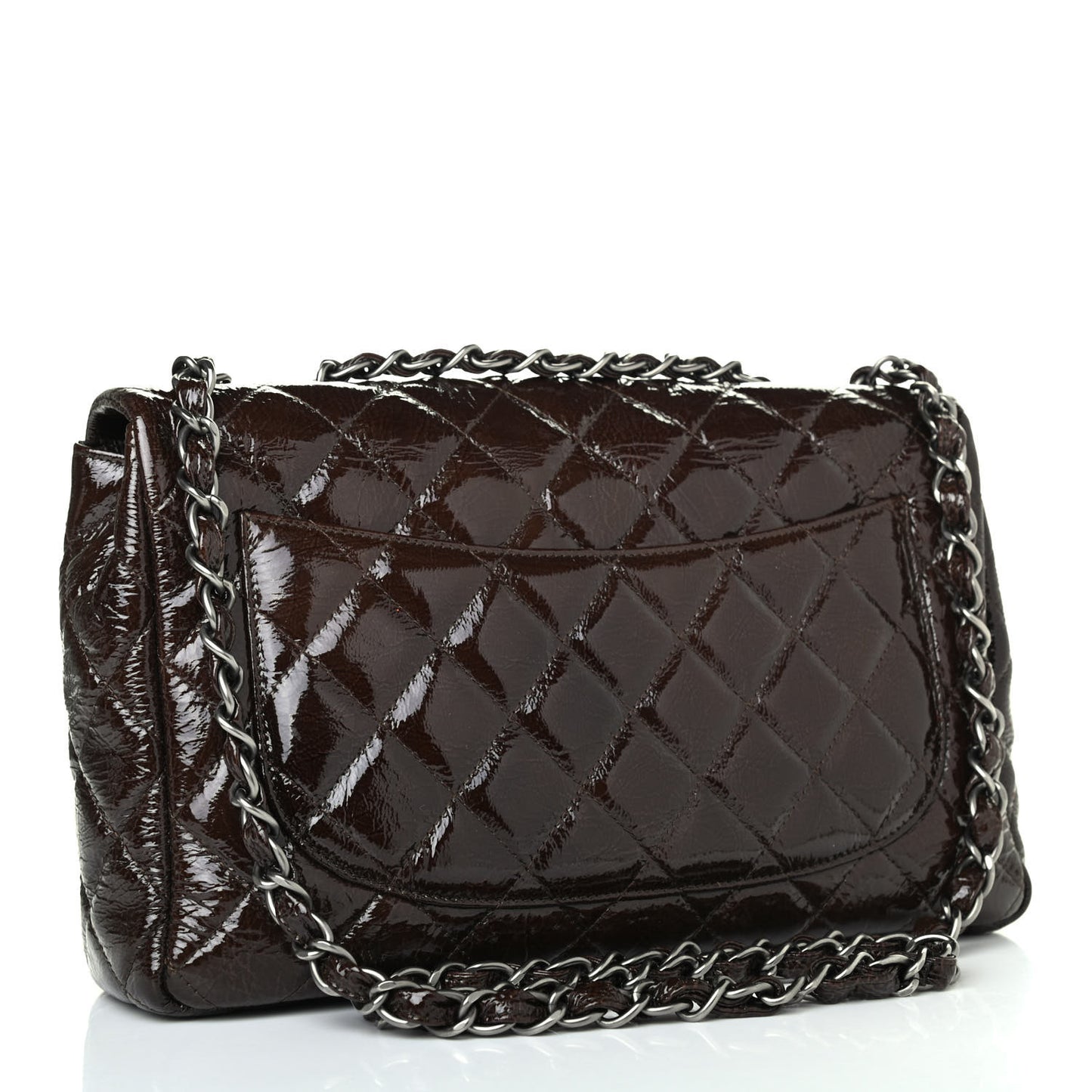 Crinkled Patent Quilted Jumbo Single Flap Dark Brown