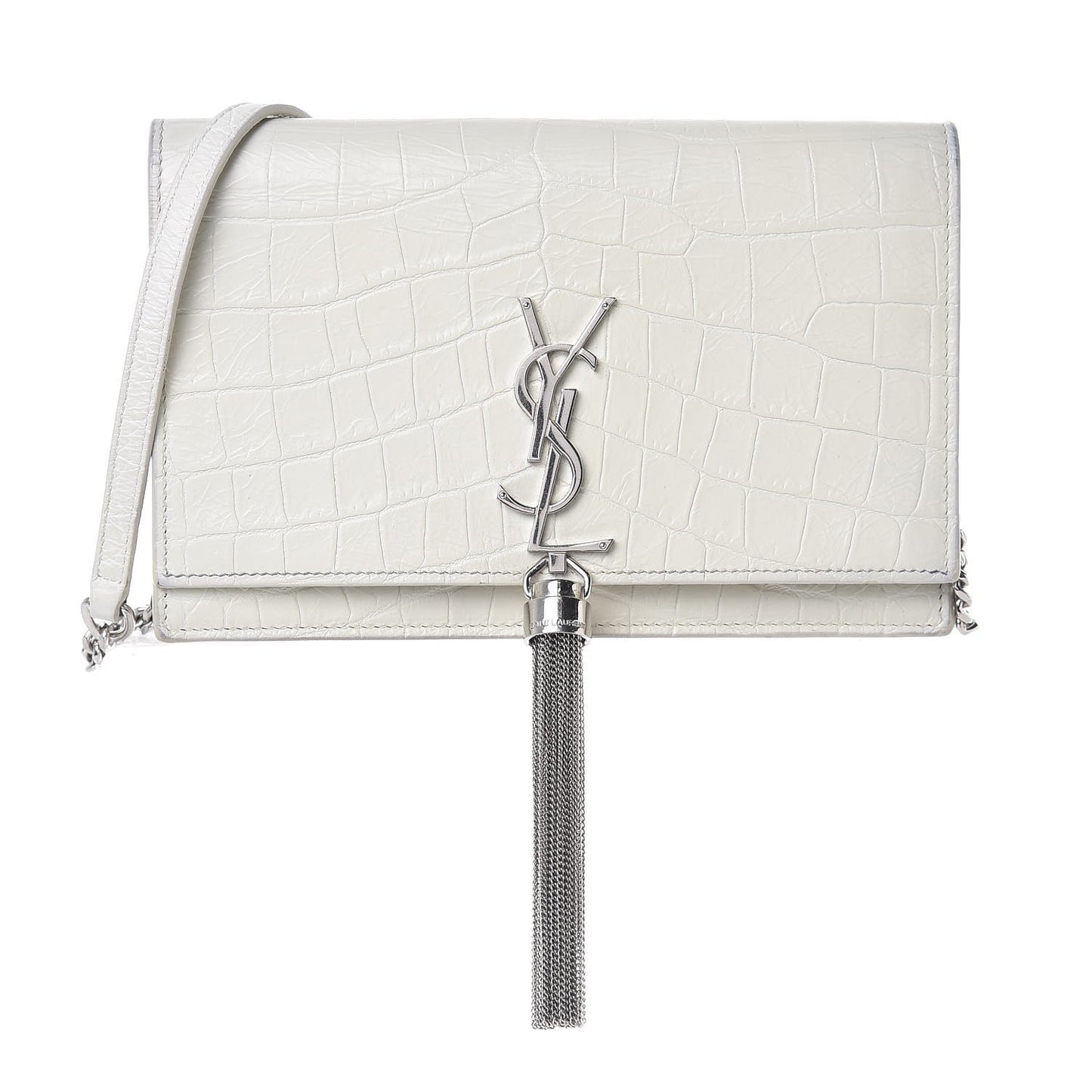 Calfskin Crocodile Embossed Kate Monogram Tassel Chain Wallet Cremasoft