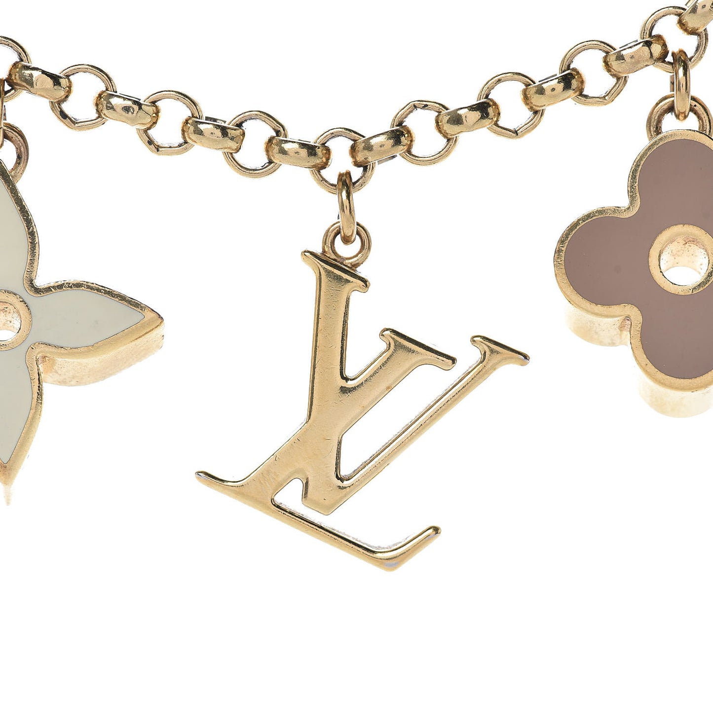 Brass Enamel Fleur De Monogram Bag Charm Chain Gold