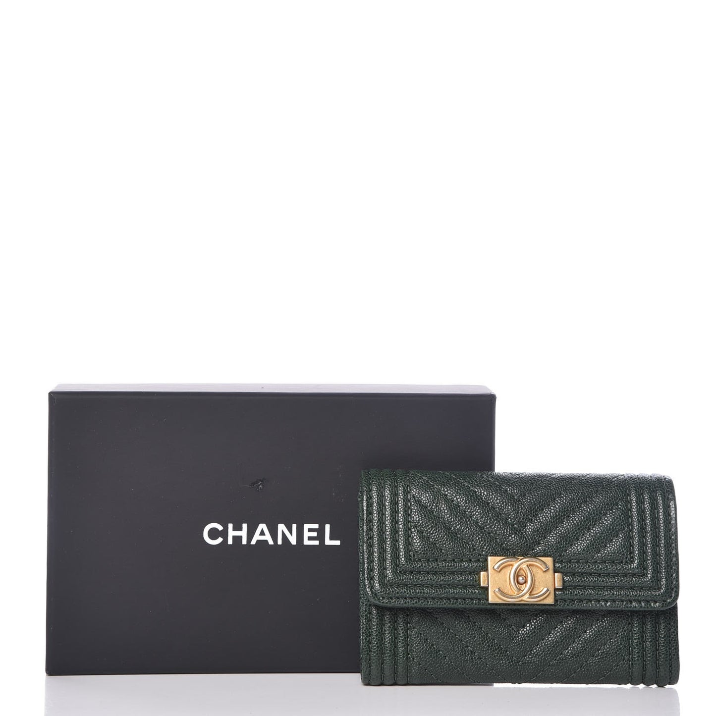 Caviar Chevron Quilted Boy Card Holder Wallet Green