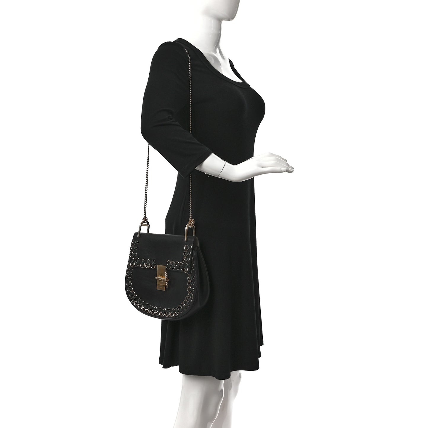 Calfskin Whipstitch Grommet Drew Shoulder Bag Black