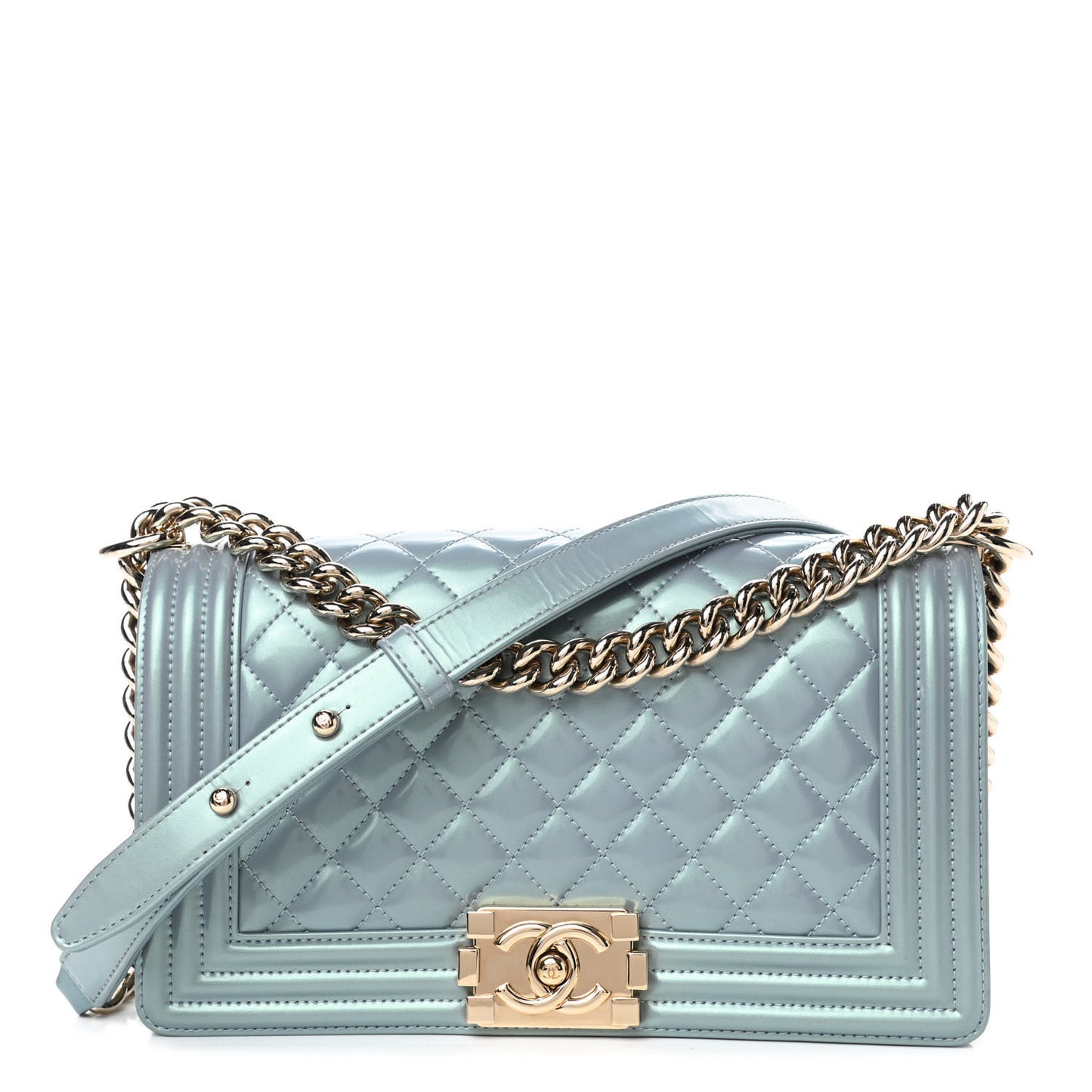 Iridescent Glazed Calfskin Medium Boy Flap Light Blue