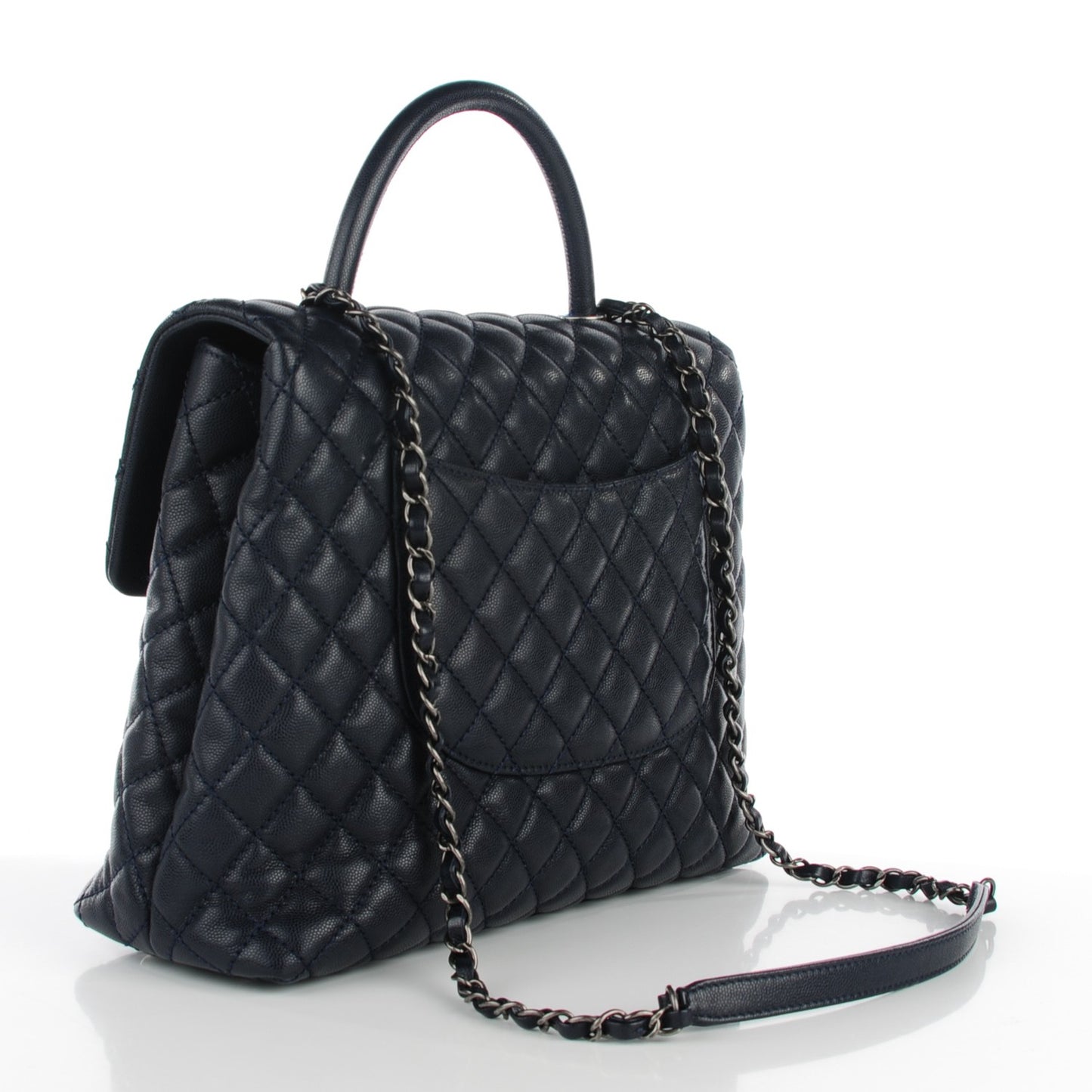 Caviar Quilted Large Coco Handle Flap Navy Blue