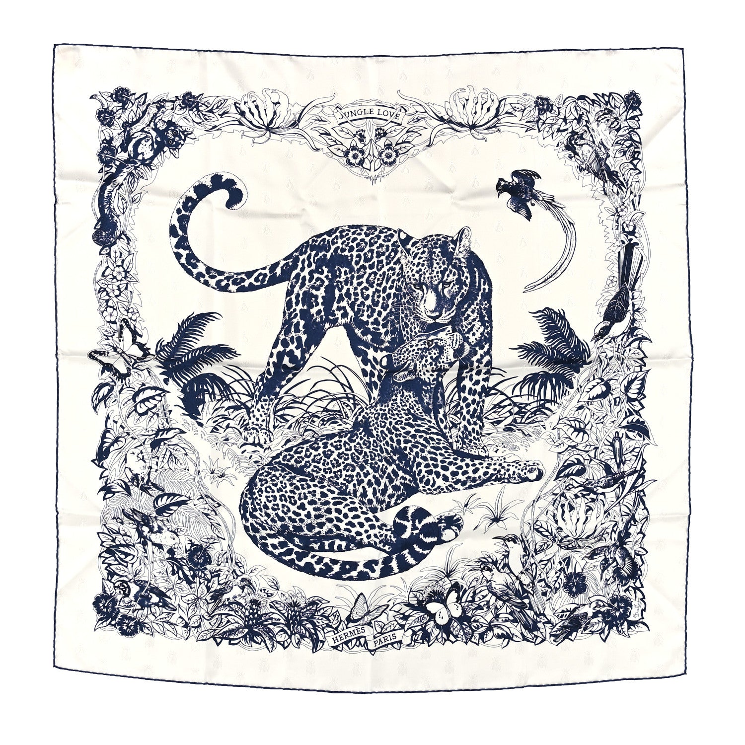 Hermes Silk Jungle Love Tattoo Scarf 90 White Bleu 1 of 5
