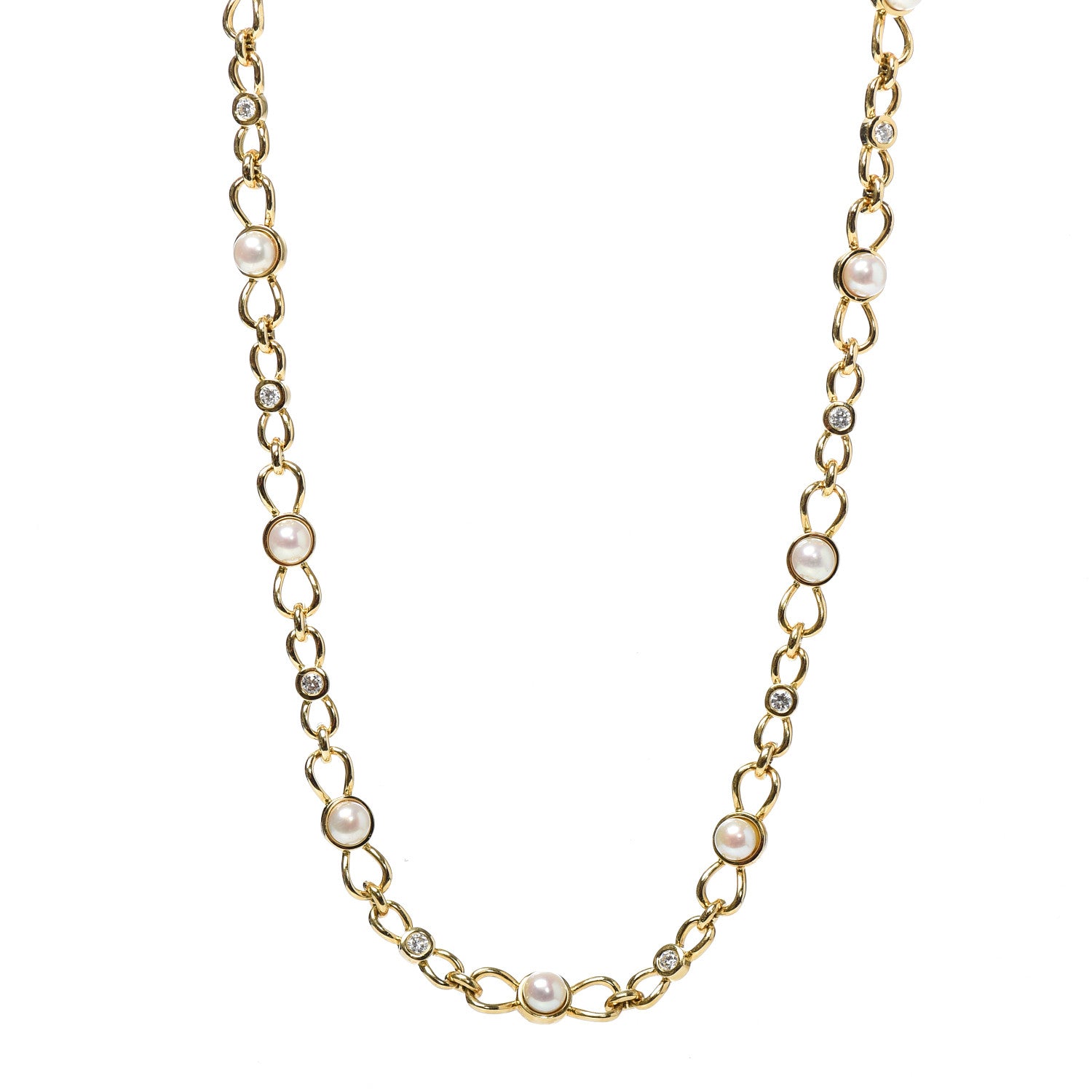 Tiffany 18K Yellow Gold Diamond Pearl 5.5mm Bow Tie Link Necklace 1 of 5