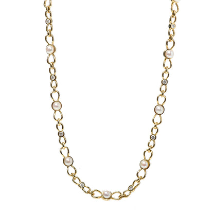 Tiffany 18K Yellow Gold Diamond Pearl 5.5mm Bow Tie Link Necklace 1 of 5