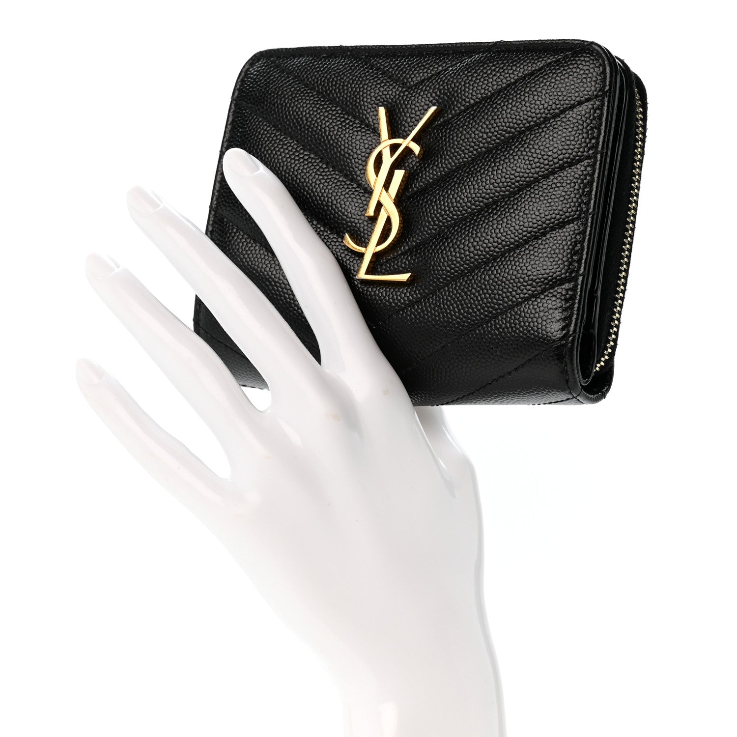 Saint Laurent Grain De Poudre Matelasse Chevron Monogram Compact Zip Around Wallet Black 2 of 10