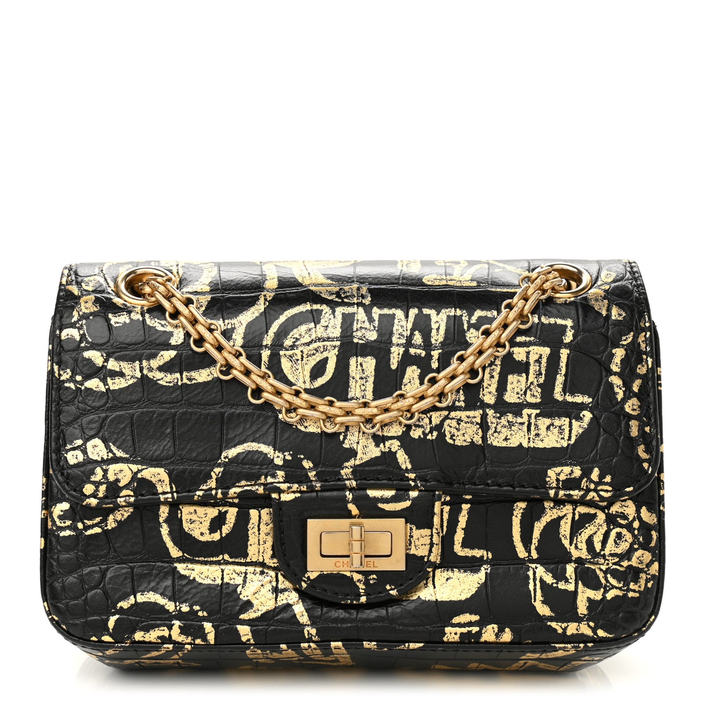 Calfskin Crocodile Embossed Graffiti 2.55 Mini Cocodile Reissue Flap Black Gold