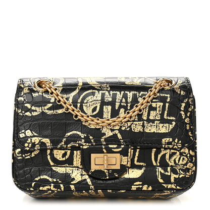 Chanel Calfskin Crocodile Embossed Graffiti 2.55 Mini Cocodile Reissue Flap Black Gold 1 of 11