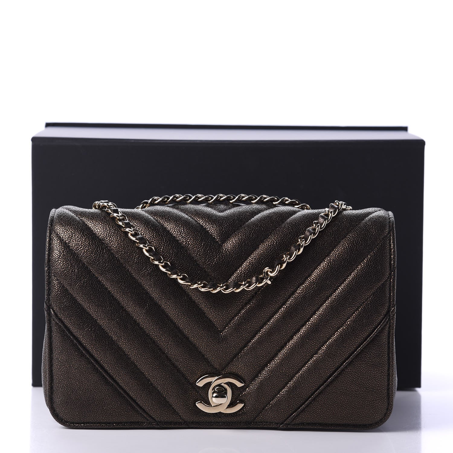 Chanel Metallic Caviar Chevron Quilted Mini Statement Flap Bronze 11 of 11