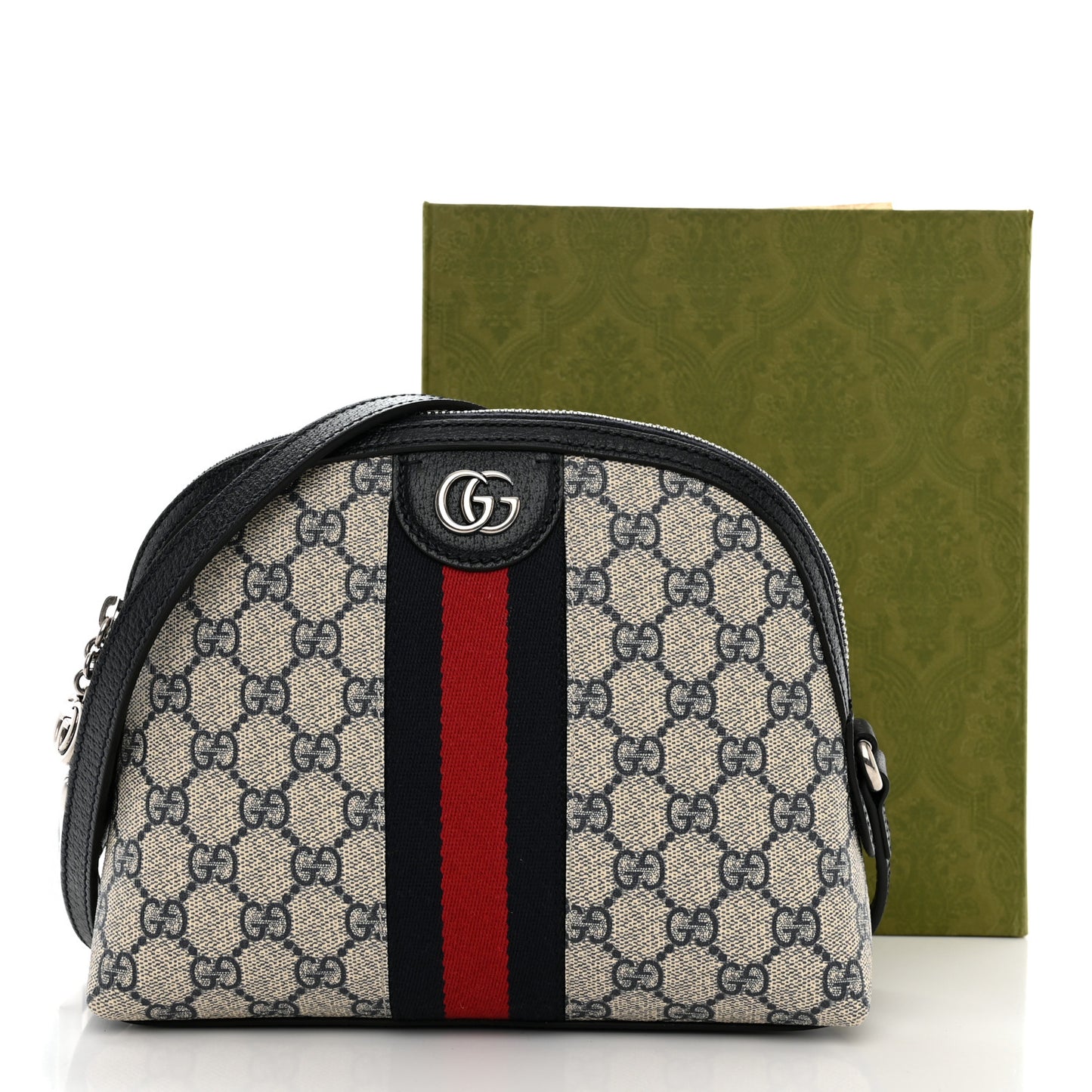 GG Supreme Monogram Textured Dollar Calfskin Web Small Ophidia Dome Shoulder Bag Beige Blue