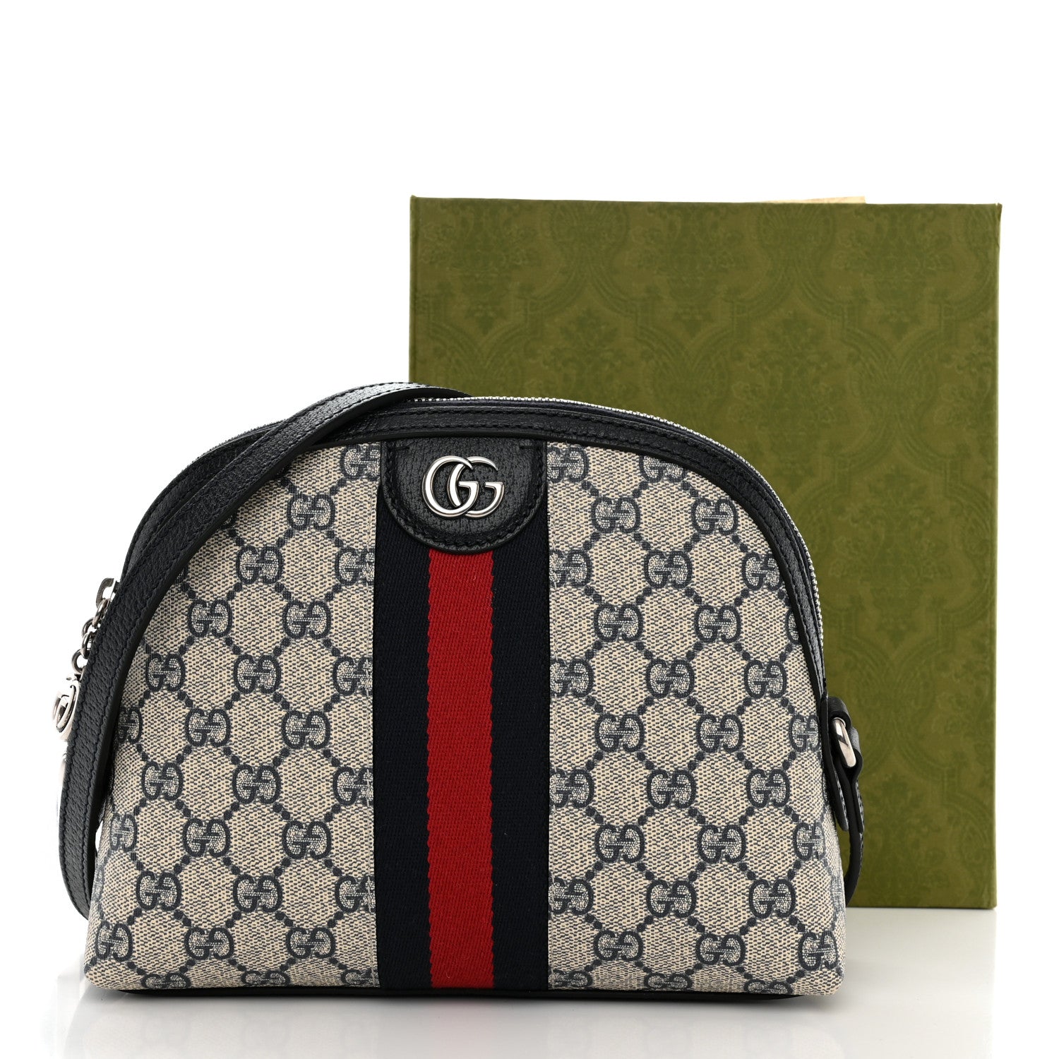 Gucci GG Supreme Monogram Textured Dollar Calfskin Web Small Ophidia Dome Shoulder Bag Beige Blue 12 of 12