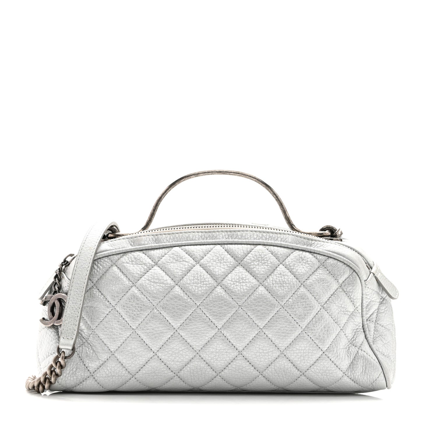 Metallic Calfskin Quilted Mini Bowling Bag Silver