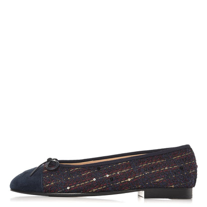 Chanel Tweed Flannel Cap Toe Ballerina Flats 37 Navy 1 of 10