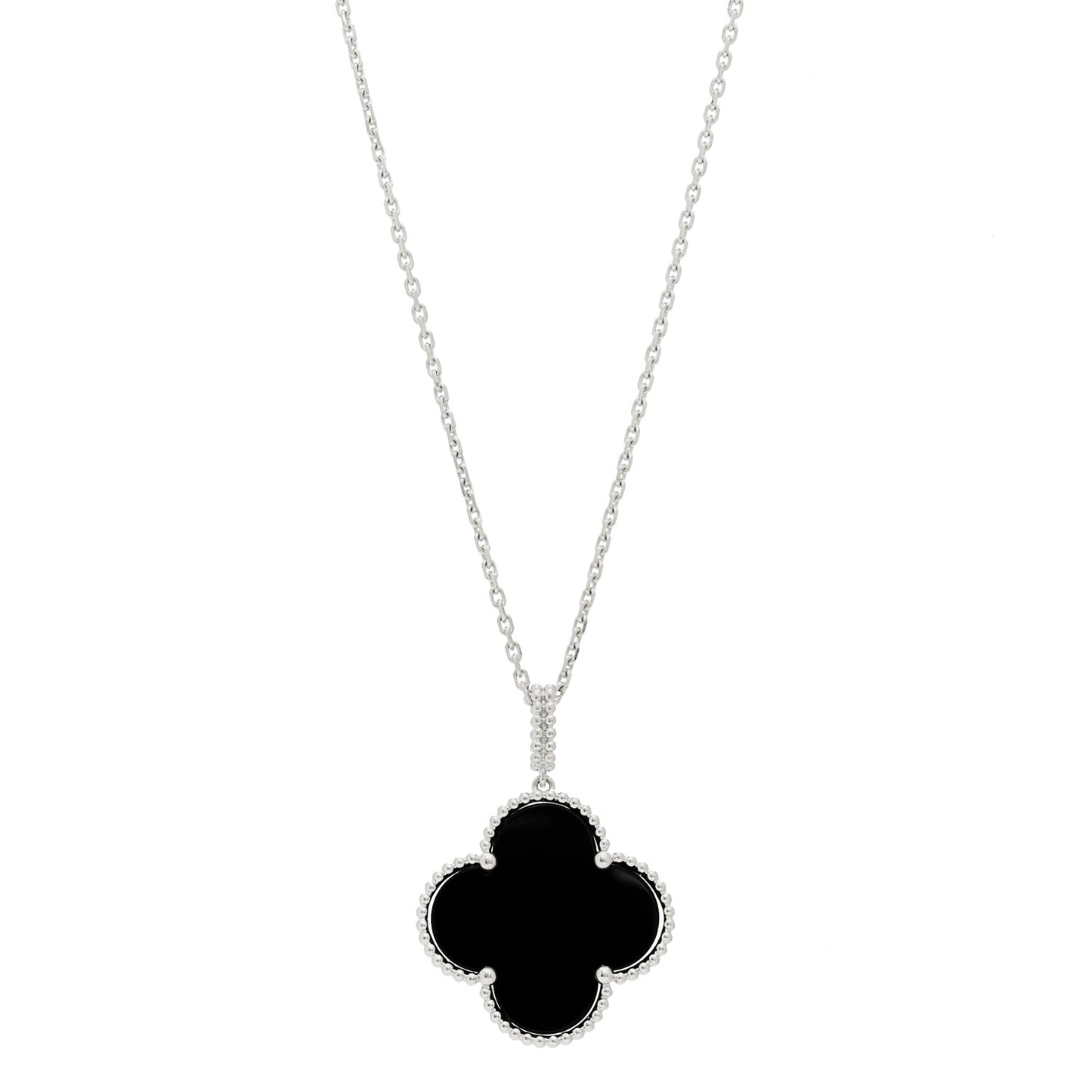 18K White Gold Black Onyx Magic Alhambra Pendant Necklace