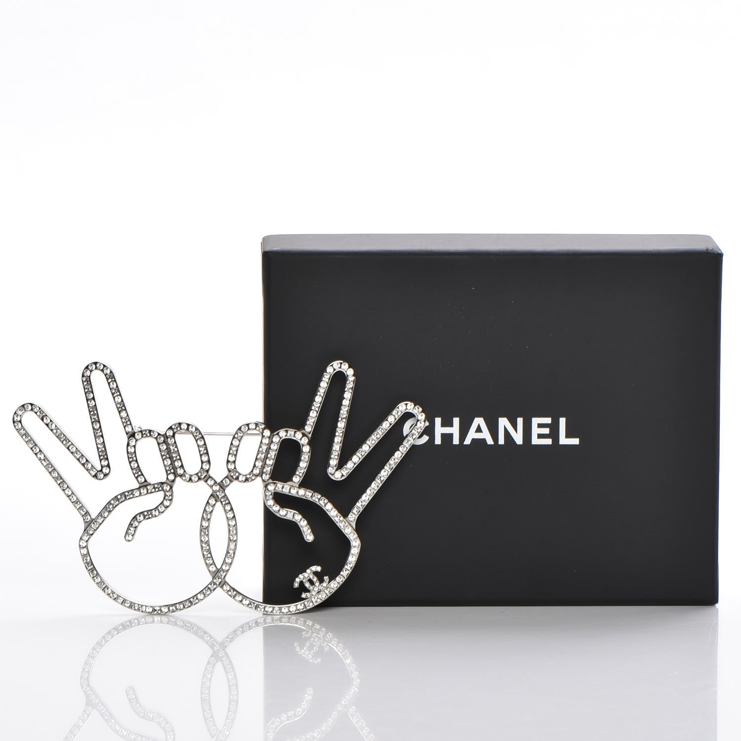 Chanel Strass Crystal Peace Sign Emoji Brooch Silver 5 of 5