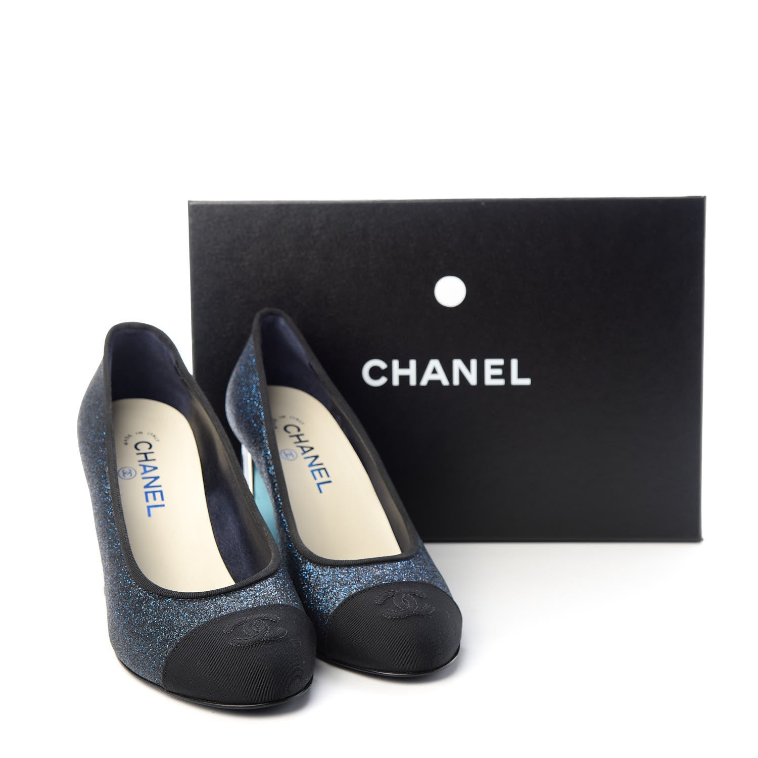 Chanel Glitter Grosgrain Cap Toe Logo Pumps 39 Blue 11 of 11