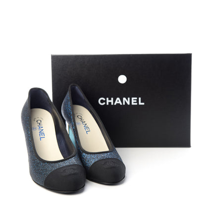 Chanel Glitter Grosgrain Cap Toe Logo Pumps 39 Blue 11 of 11