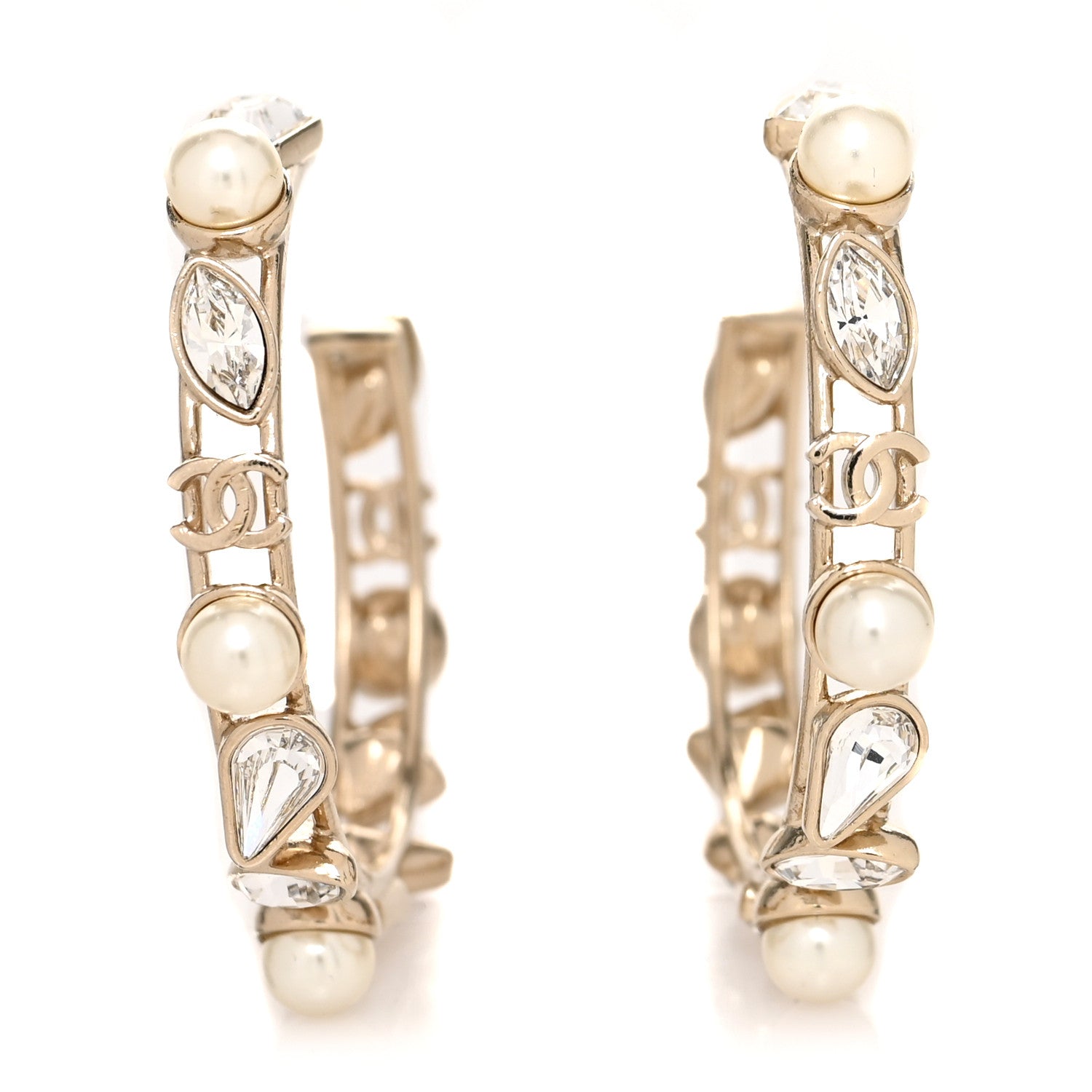 Chanel Glass Pearl Strass Snowfall Hoop Earrings Gold 1 of 3