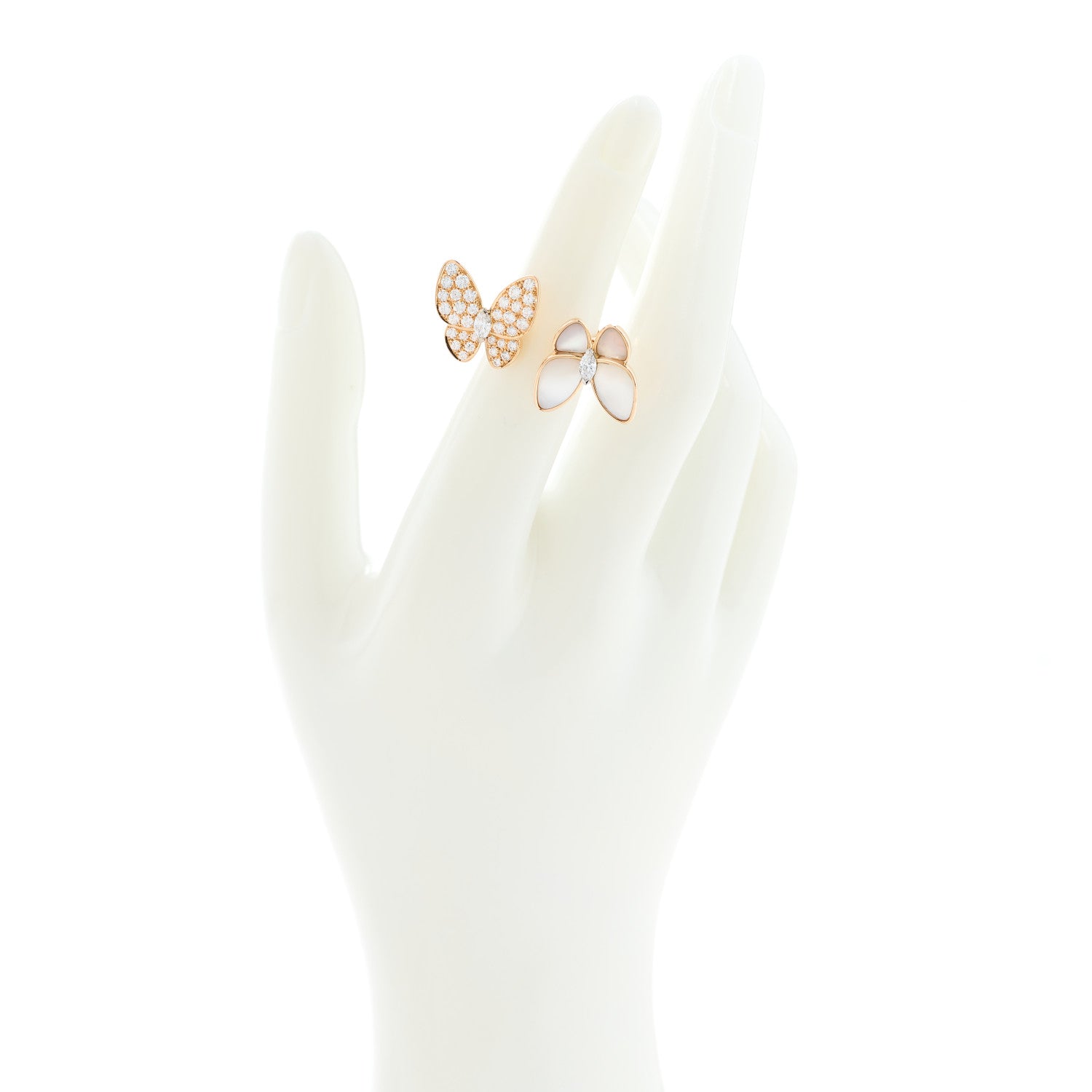 Van Cleef & Arpels 18K Rose Gold Diamond Mother of Pearl Two Butterfly Between The Finger Ring 49 4.75 2 of 6