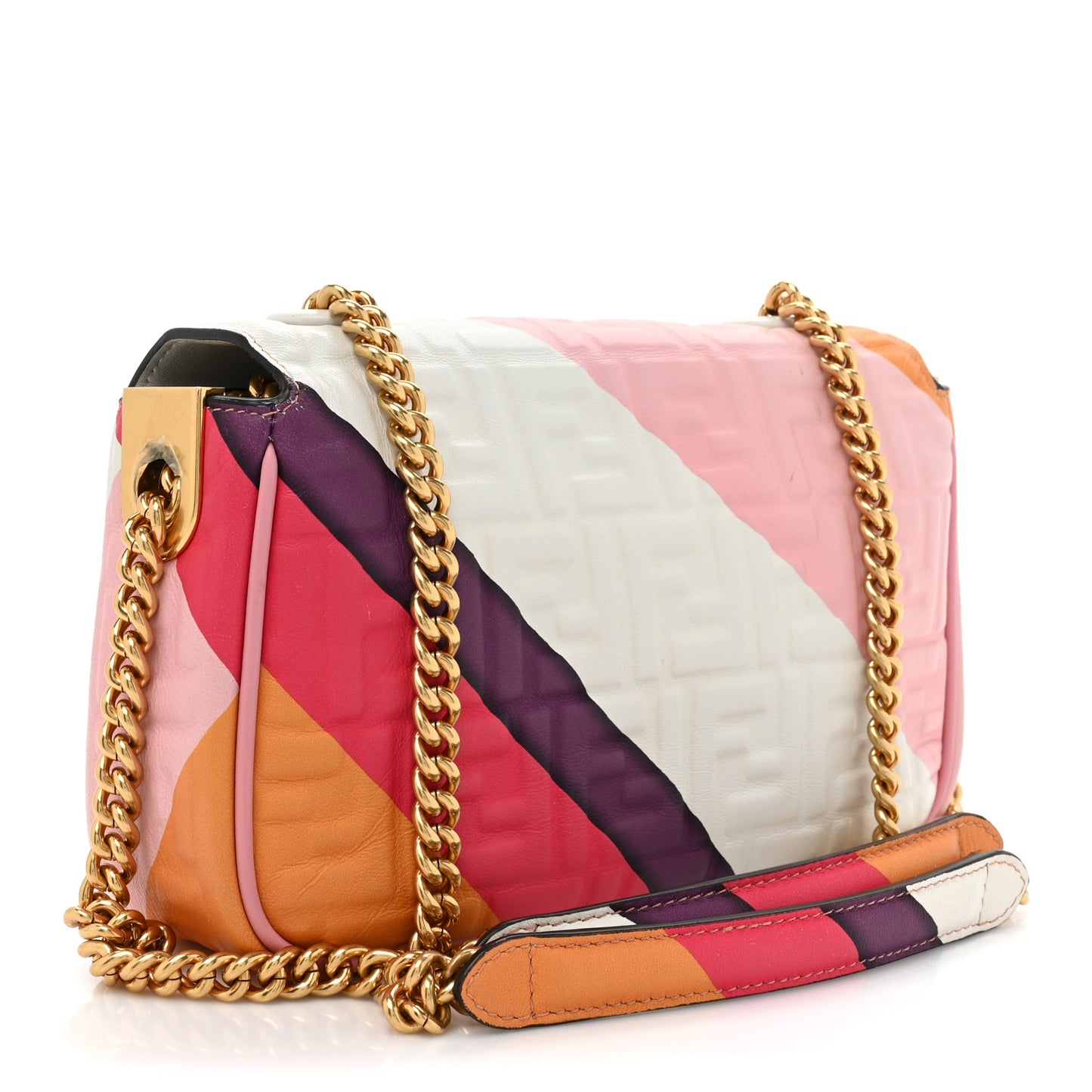 Nappa FF Embossed Line Print Midi Chain Baguette White Multicolor