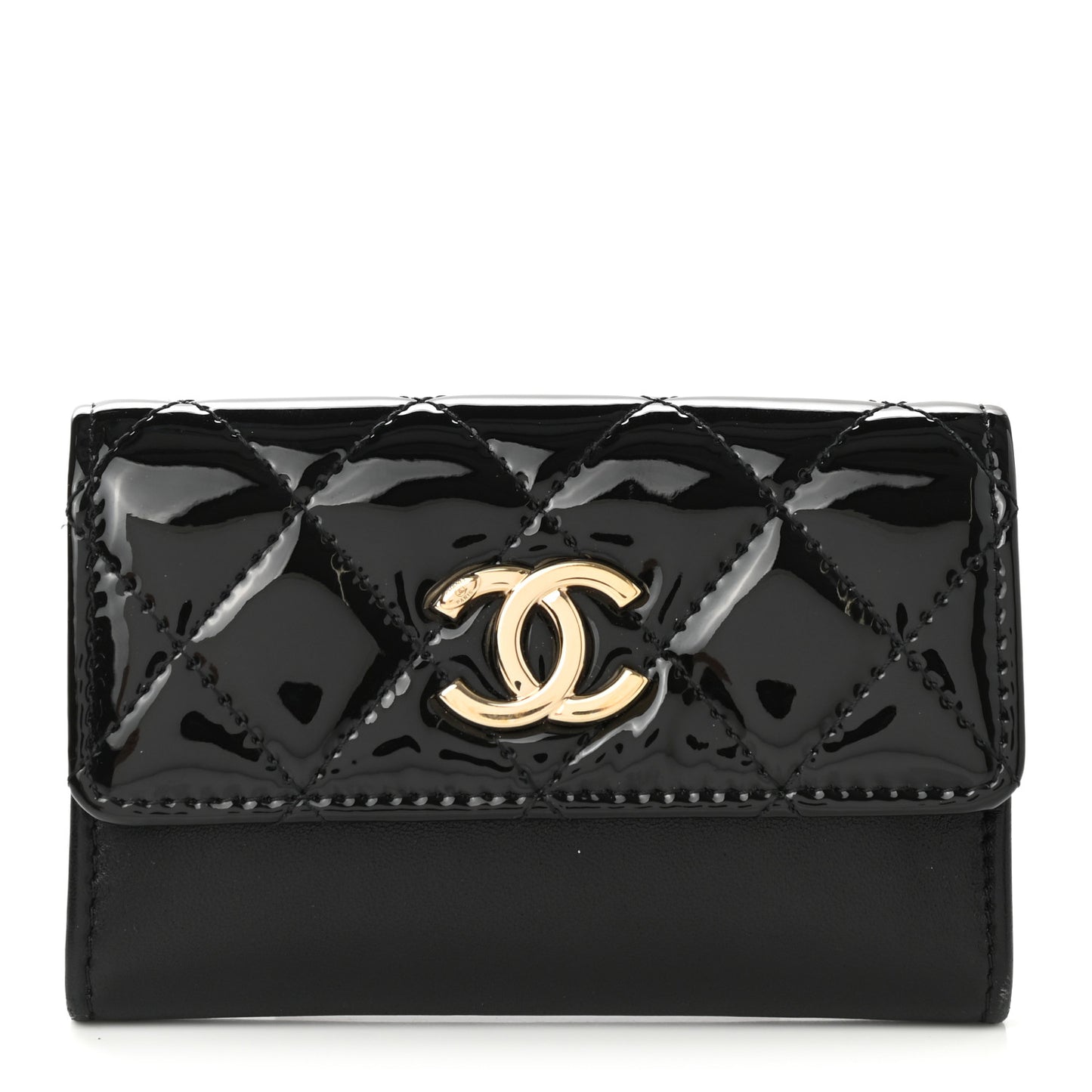 Patent Calfskin Quilted Flap Card Holder Black