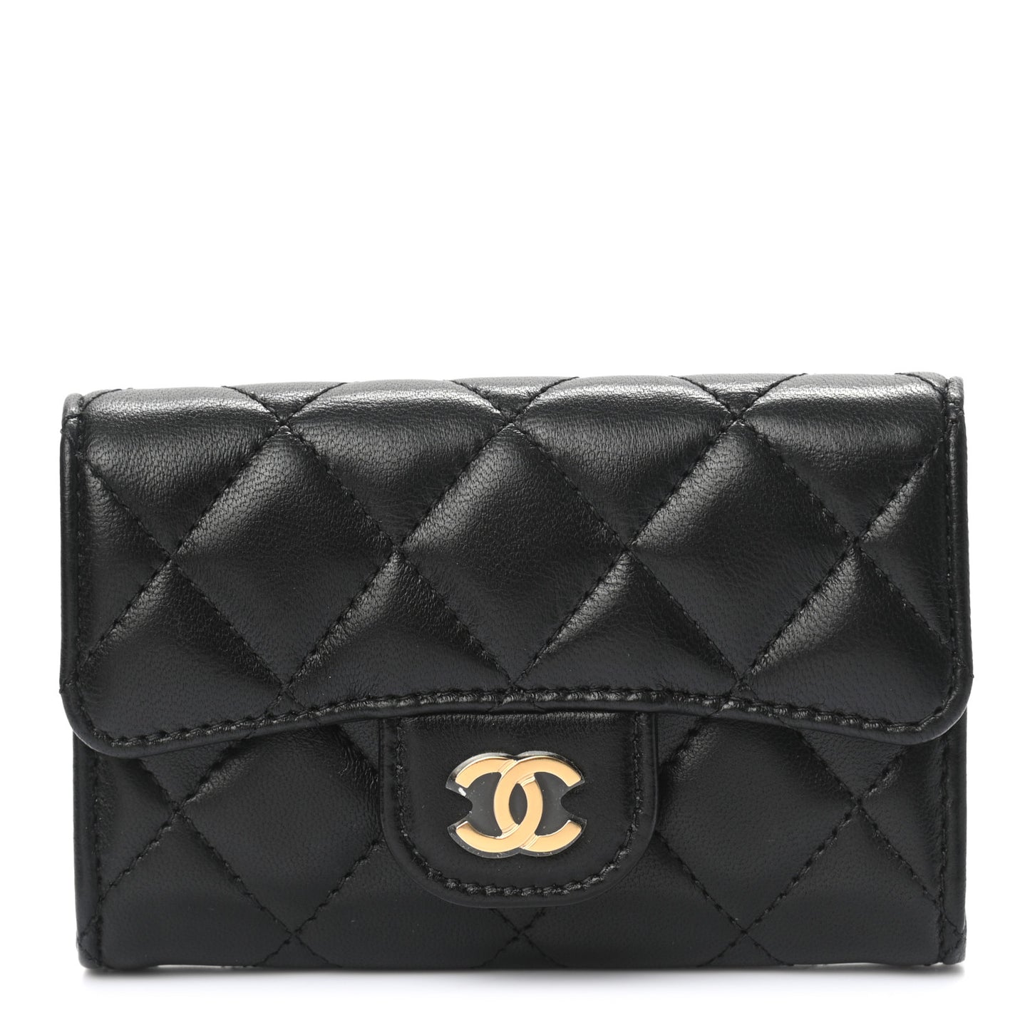 Lambskin Quilted Flap Card Holder Wallet Black