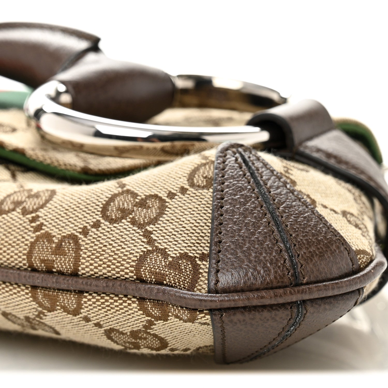 Gucci Monogram Textured Dollar Calfskin Heavy Grosgrain Web Medium Maxi Horsebit Chain Shoulder Bag Beige Ebony New Acero 9 of 9