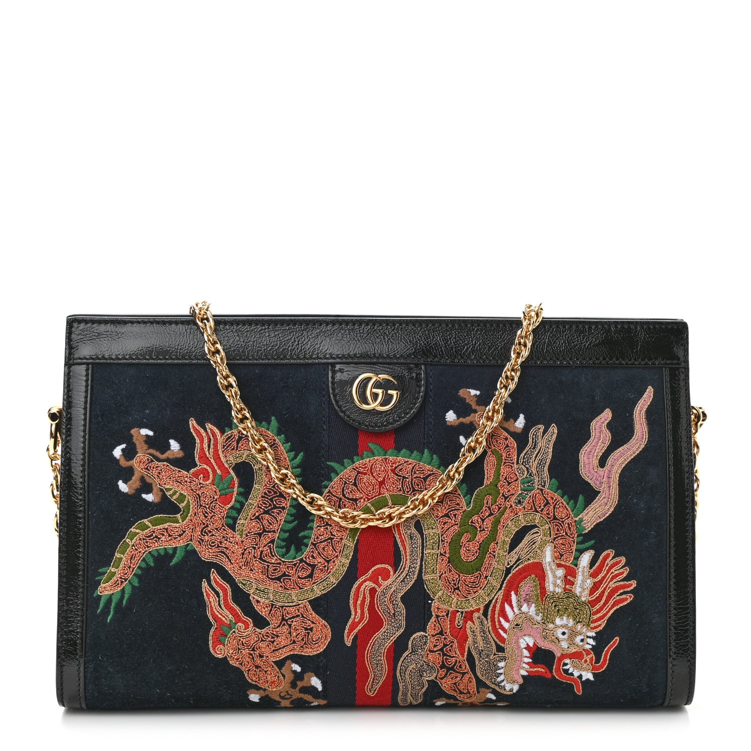product image of GUCCI Suede Patent Web Dragon Embroidered Medium Ophidia Chain Shoulder Bag Blue Multicolor Black FASHIONPHILE