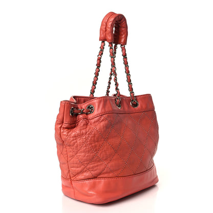 Chanel Lambskin Contrast Stitch Small Drawstring Tote Coral 3 of 9