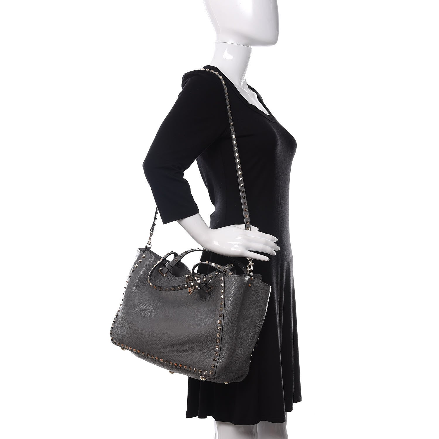 Valentino Garavani Pebbled Calfskin Medium Rockstud Tote Grey 2 of 11