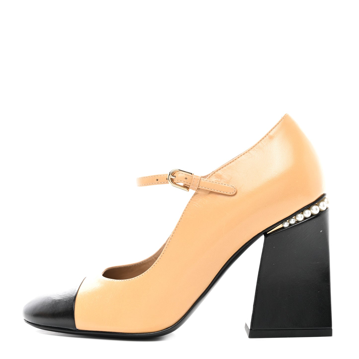 Shiny Goatskin Pearls Cap Toe Open Slingback Pumps 39 Beige Black