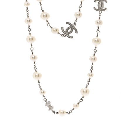 Chanel Crystal Pearl CC Long Necklace Silver 1 of 6