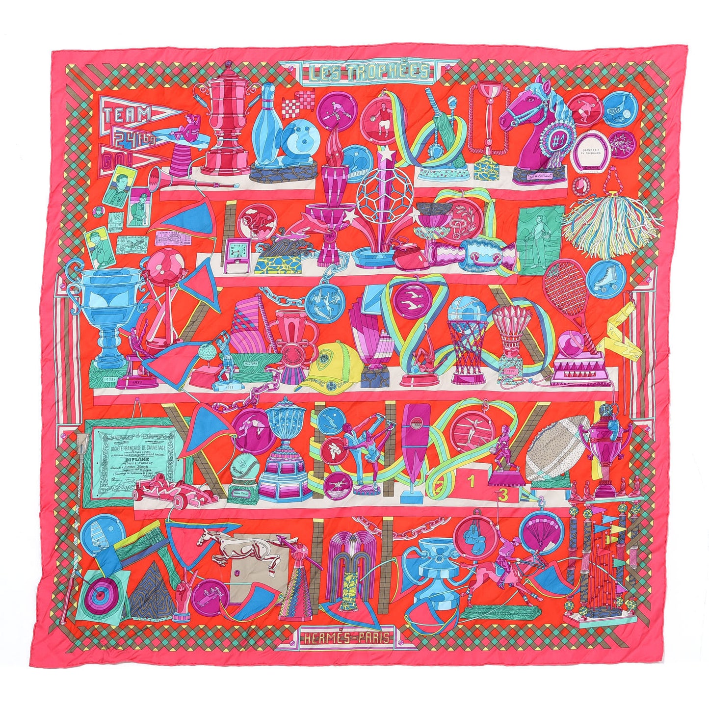 Silk Les Trophees Scarf 90 Rose Vif Rouge Turquoise