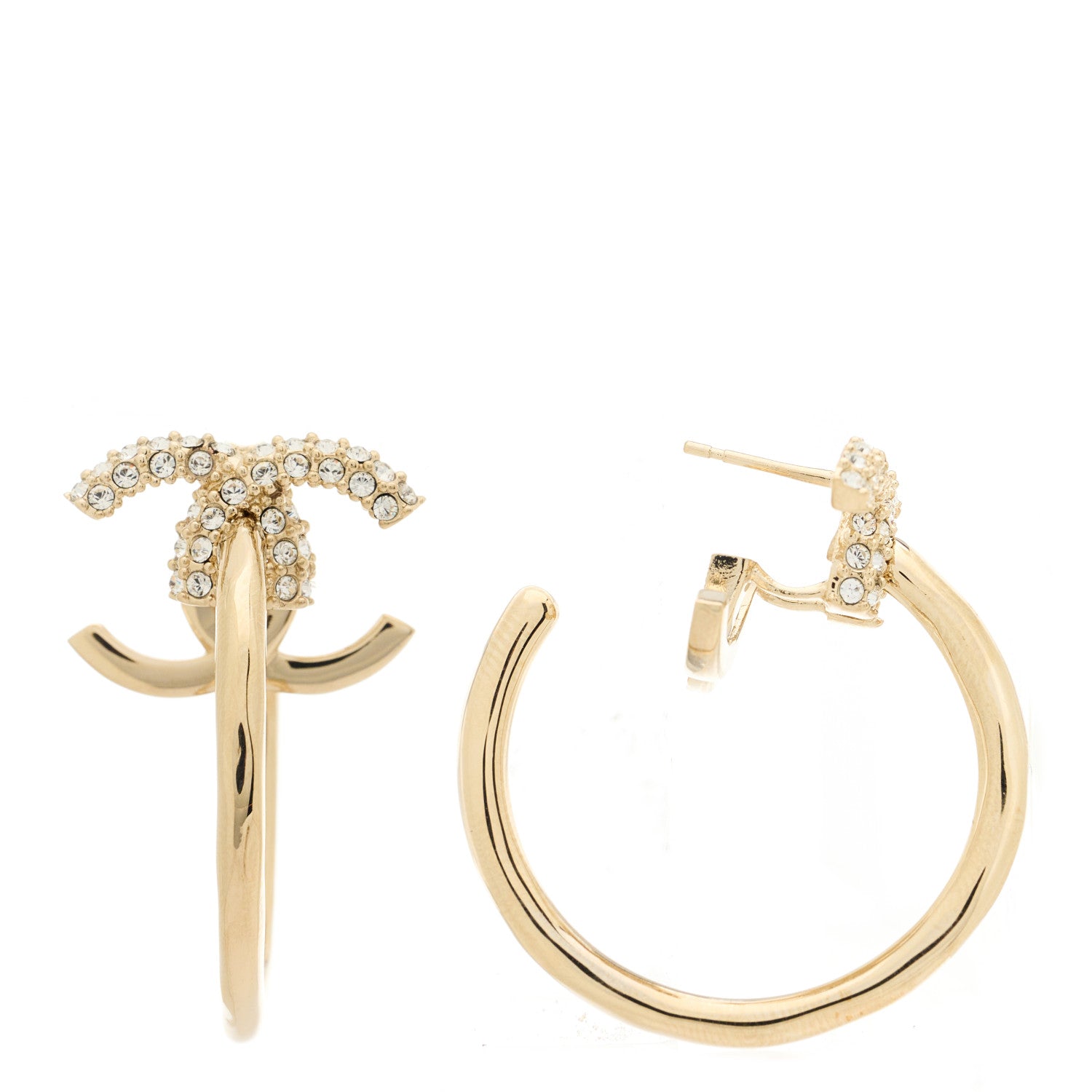Chanel Crystal CC Hoop Drop Earrings Light Gold 1 of 6