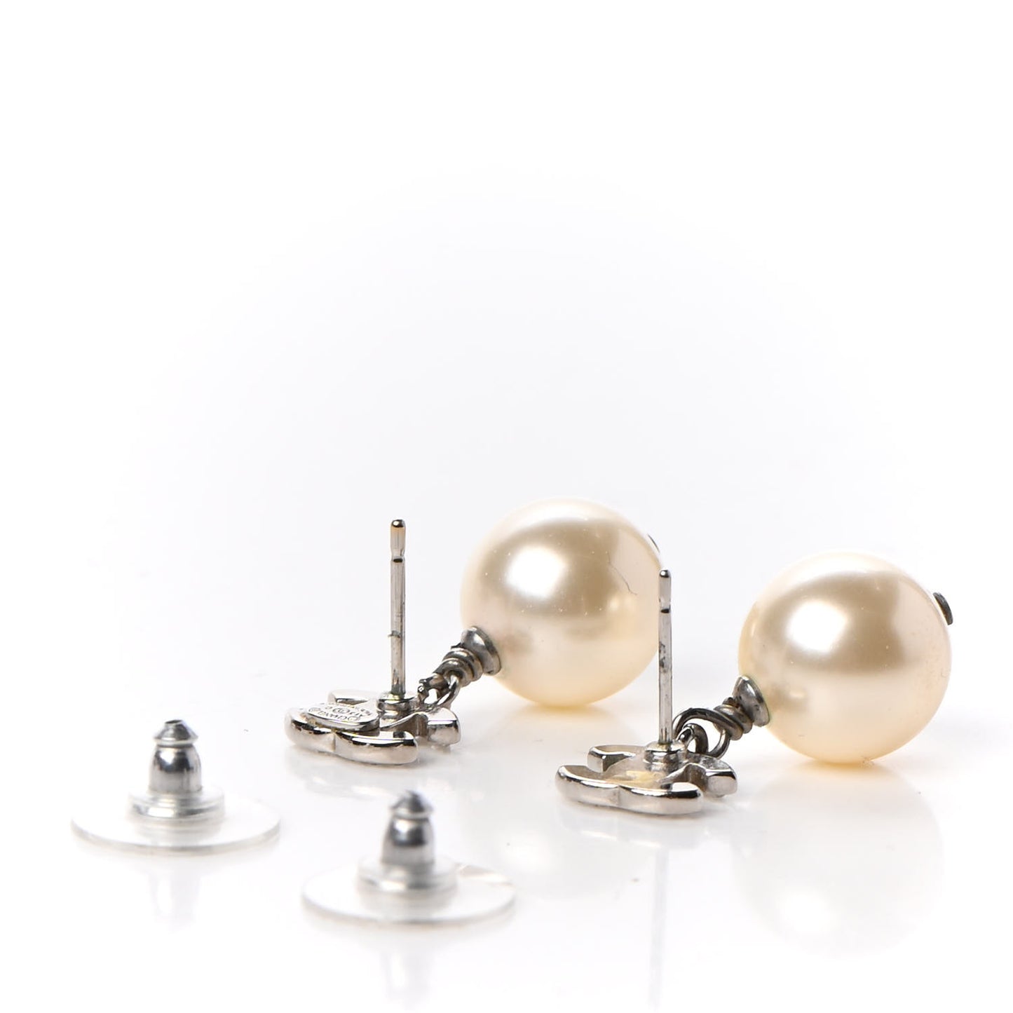 Crystal Pearl CC Drop Earrings Silver Pearly White