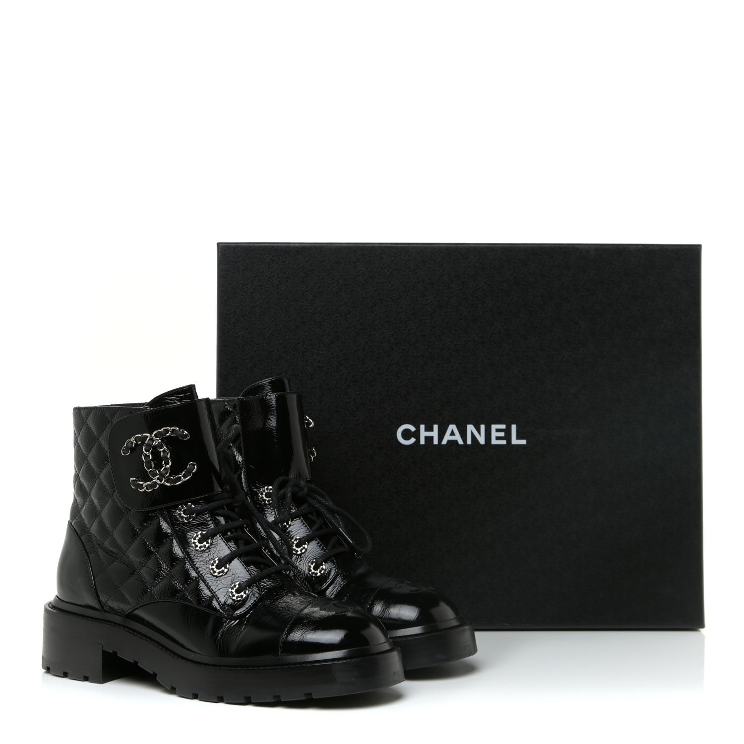 Chanel Shiny Calfskin Quilted Lace Up Combat Boots 38.5 Black 14 of 14