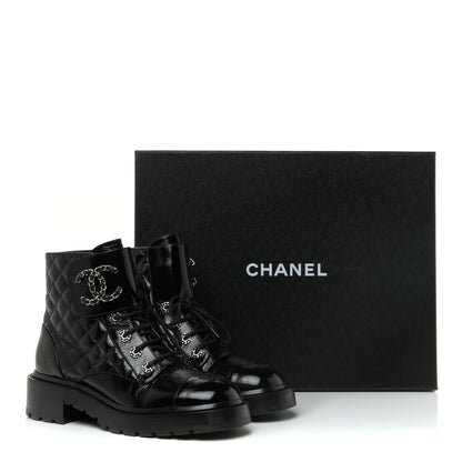 Chanel Shiny Calfskin Quilted Lace Up Combat Boots 38.5 Black 14 of 14