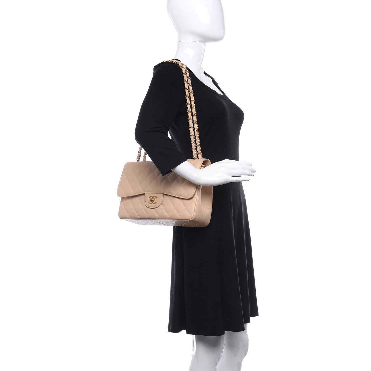 Caviar Quilted Jumbo Double Flap Beige