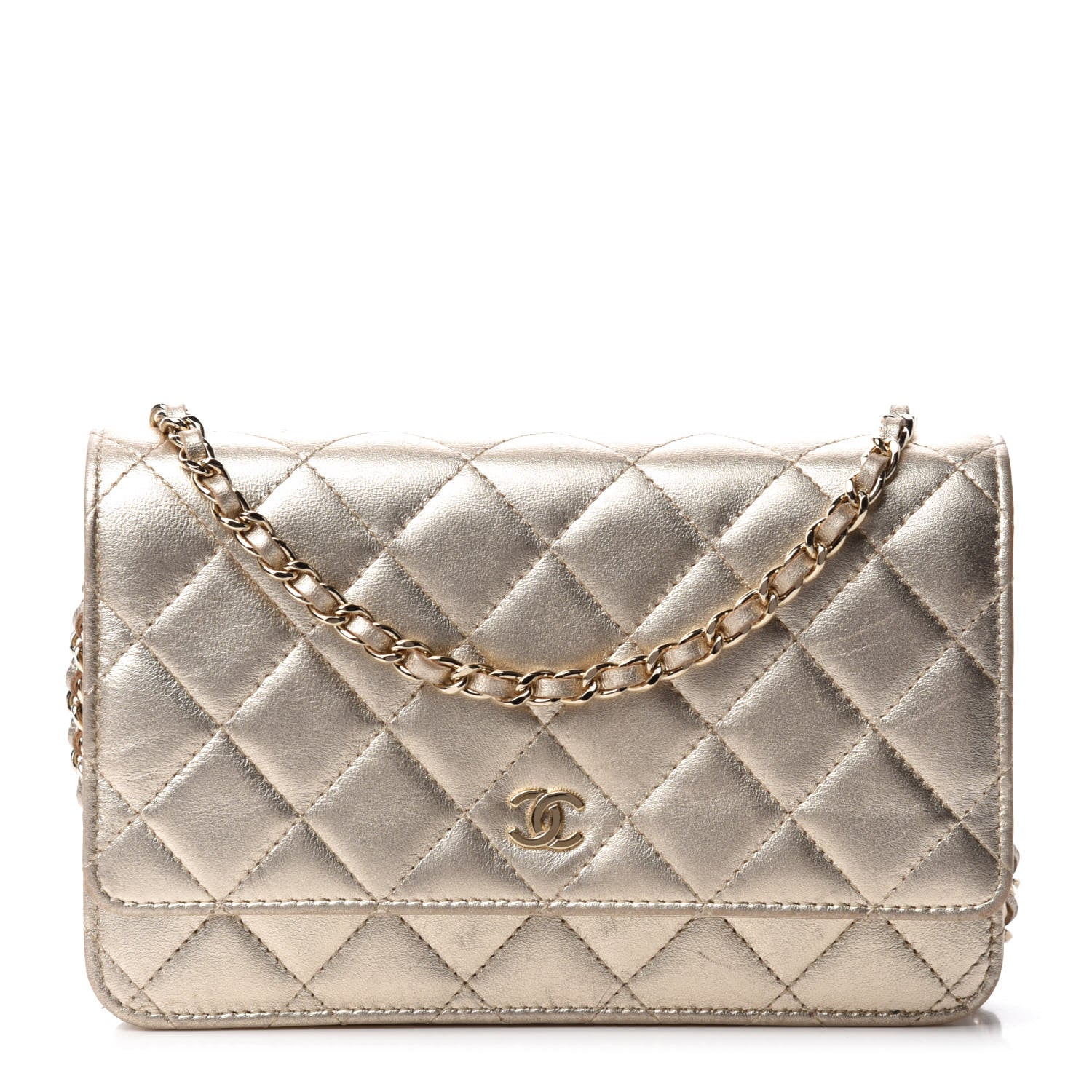 Chanel Metallic Lambskin Quilted Wallet On Chain WOC Gold 1 of 17