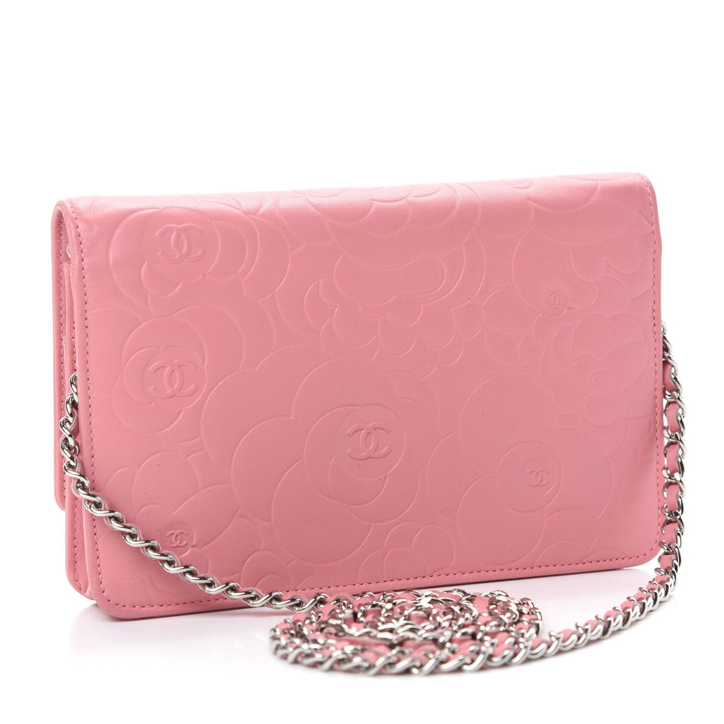 Lambskin Camellia Embossed Wallet On Chain WOC Pink