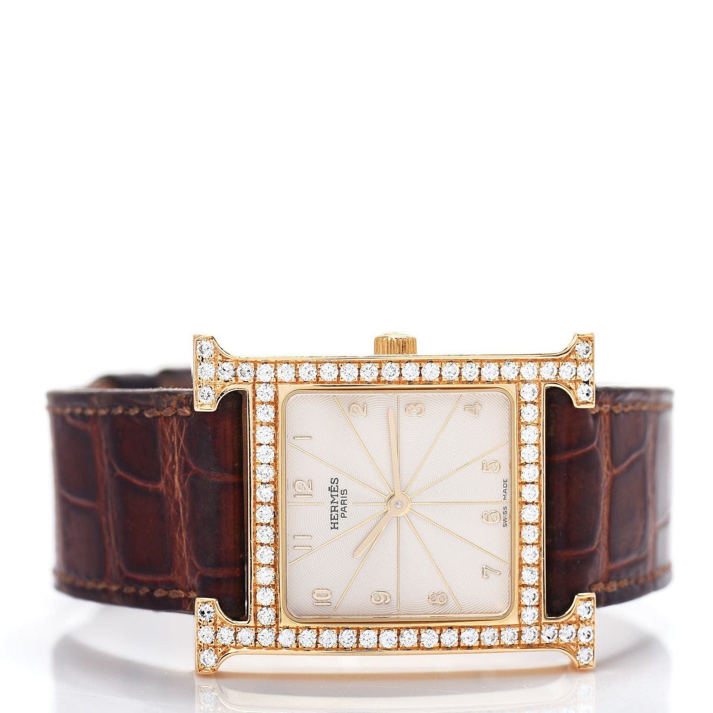 18K Yellow Gold Alligator Diamond Bezel 26mm Heure H Hour Quartz Watch Brown