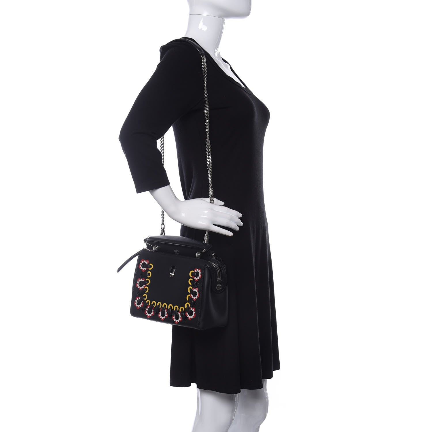 Fendi Vitello Baltico Shiny Nappa Lace Up Floral Small Dotcom Click Chain Satchel Black 2 of 12