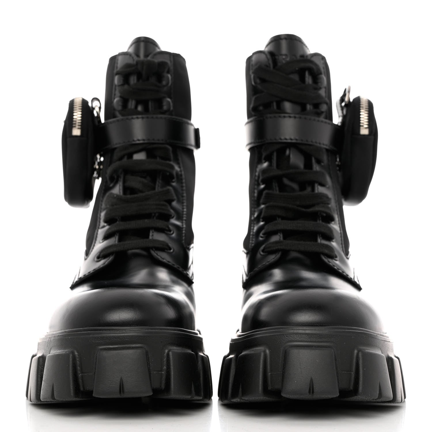 Prada Spazzolato Rois Re-Nylon Metal Triangle Logo Mens Monolith Pouch Pocket 60mm Combat Boots 10 Black 2 of 9