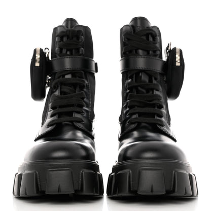 Prada Spazzolato Rois Re-Nylon Metal Triangle Logo Mens Monolith Pouch Pocket 60mm Combat Boots 10 Black 2 of 9