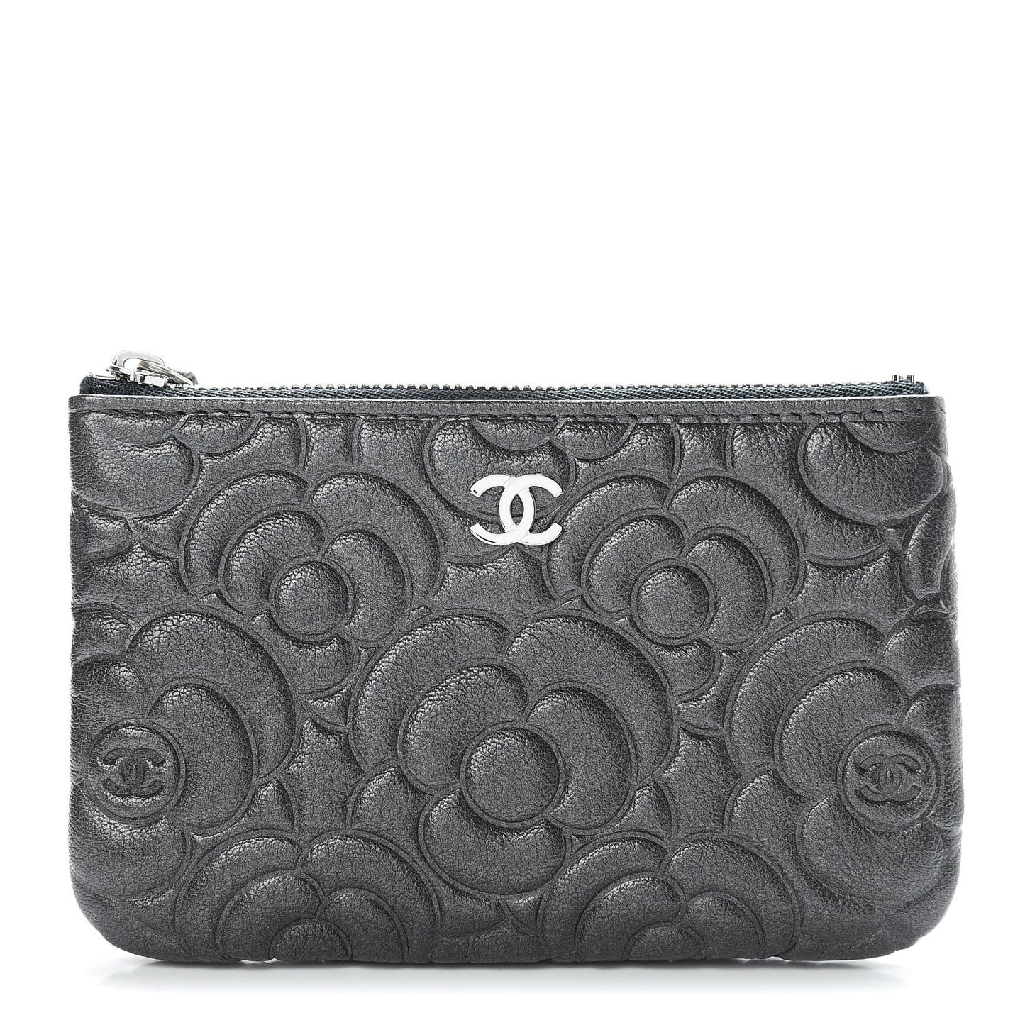 Goatskin Camellia Embossed Cosmetic Pouch Anthracite