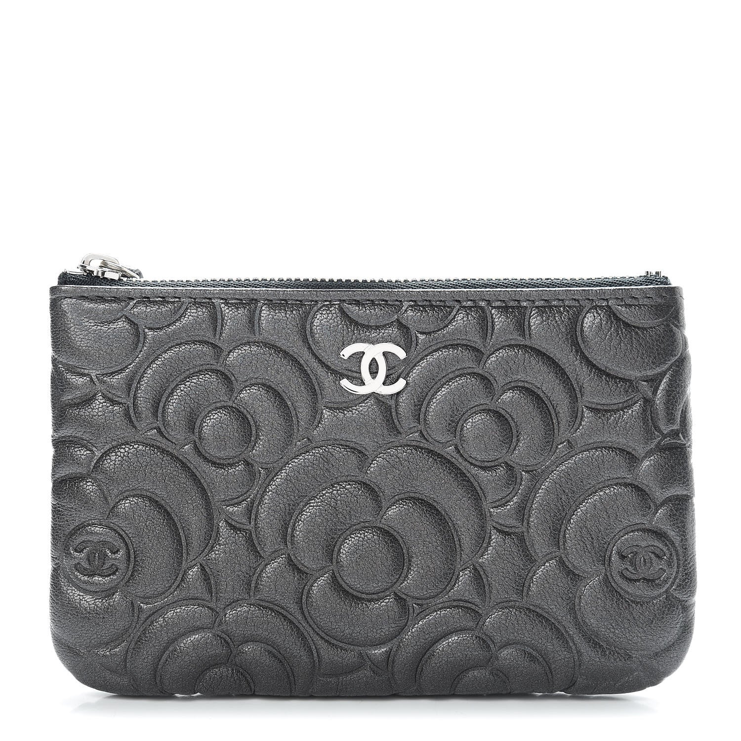 Chanel Goatskin Camellia Embossed Cosmetic Pouch Anthracite 1 of 8